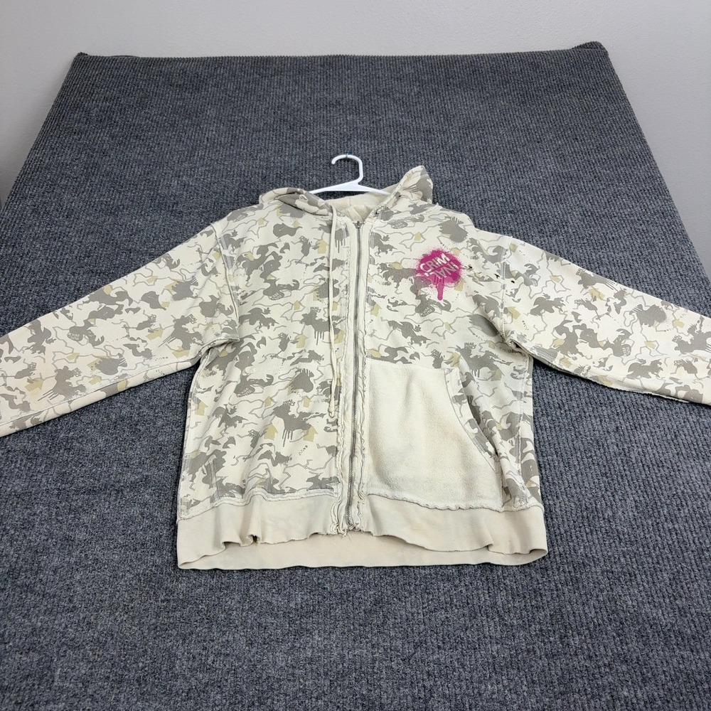 Criminal Damage Zip Up Hoodie Mens L Cream Cotton Camo Distressed Streetwear Y2K